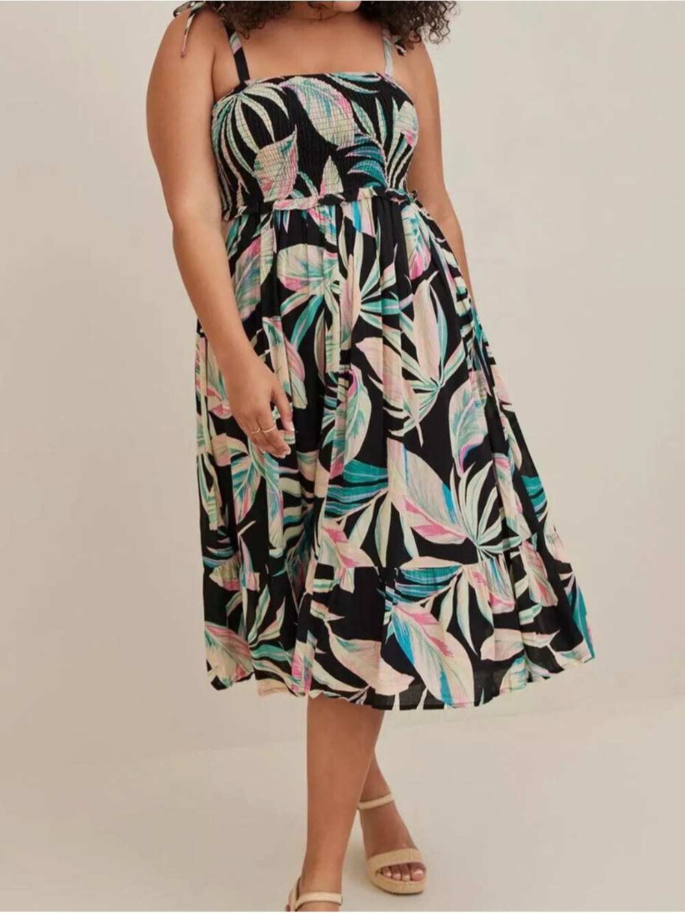 torrid Black Tropical Leaf Smocked Midi Dress